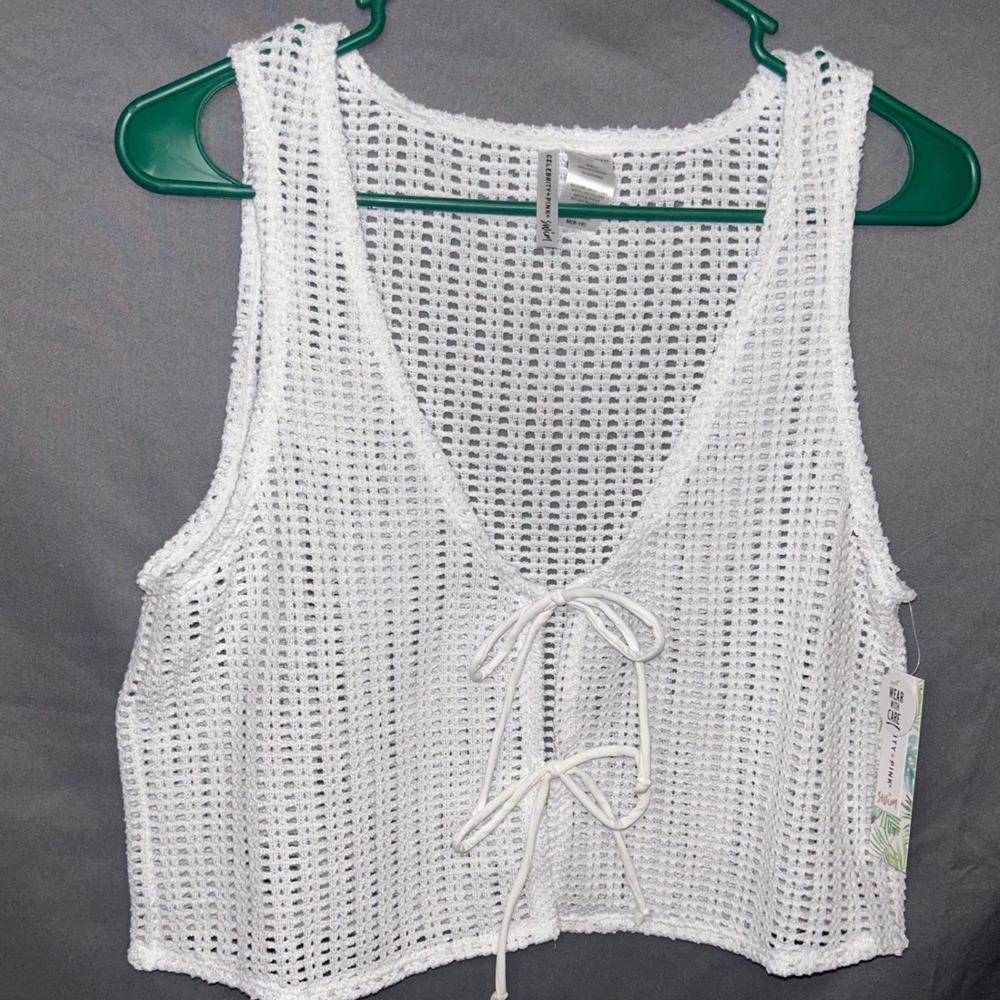 Celebrity Pink Swim White Crochet Vest Top Front Tie Womens XL 16-18 NWT